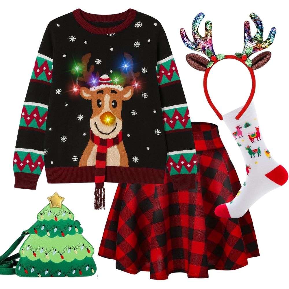 Women’s Christmas outfit including a light-up reindeer jumper, red check skirt, sequin antler headband, reindeer socks, and a Christmas tree handbag.