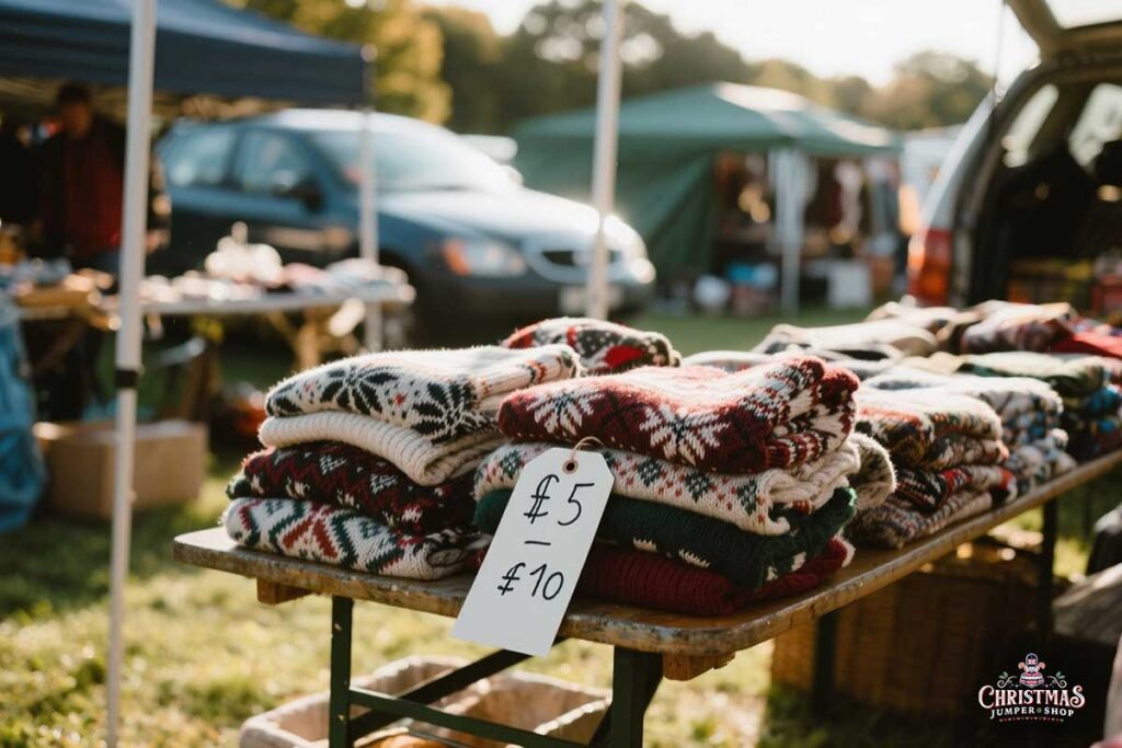 Vintage Christmas jumpers at a UK car boot sale, neatly folded on a trestle table with £5–£10 tags
